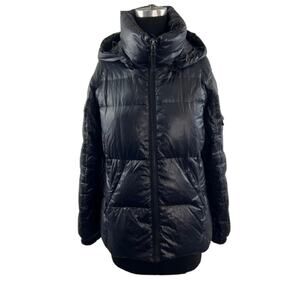 S13 New York Kylie Triple Black Down Puffer Jacket Hooded Zip Size Large L FLAW
